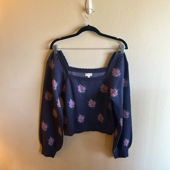 Hem & Thread Square Neck Floral Sweater Long Sleeve Charcoal Womens Size M - Picture 4 of 11